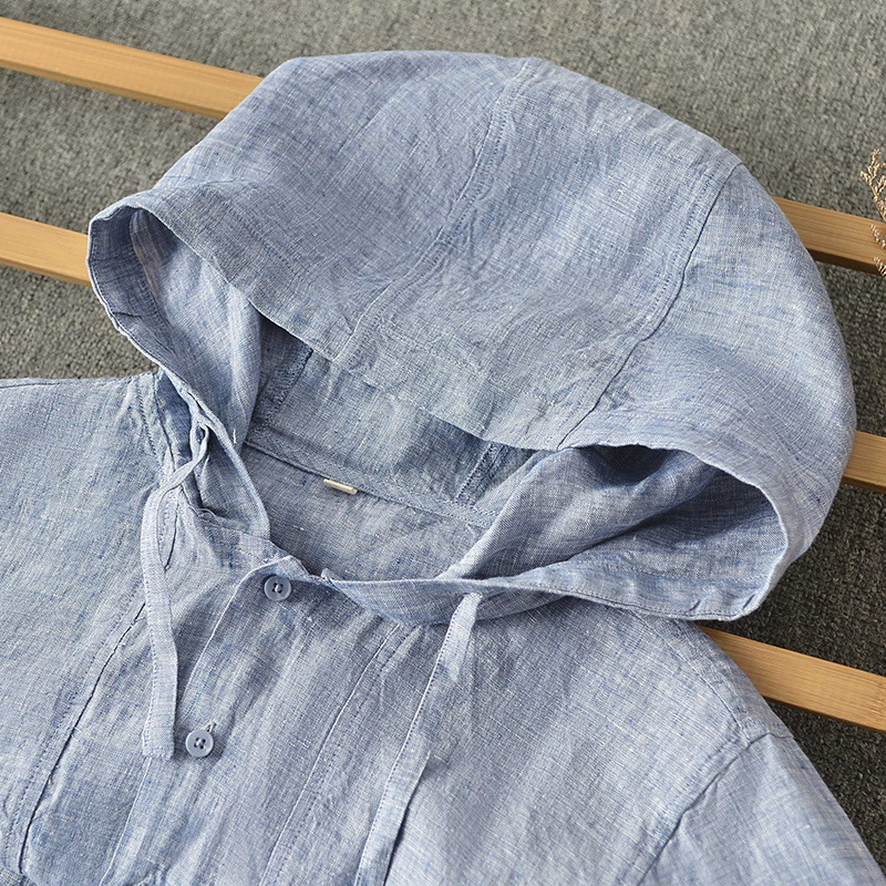 2024 nueva primavera y otoño de lino flojo color sólido con capucha casual Camisa E012