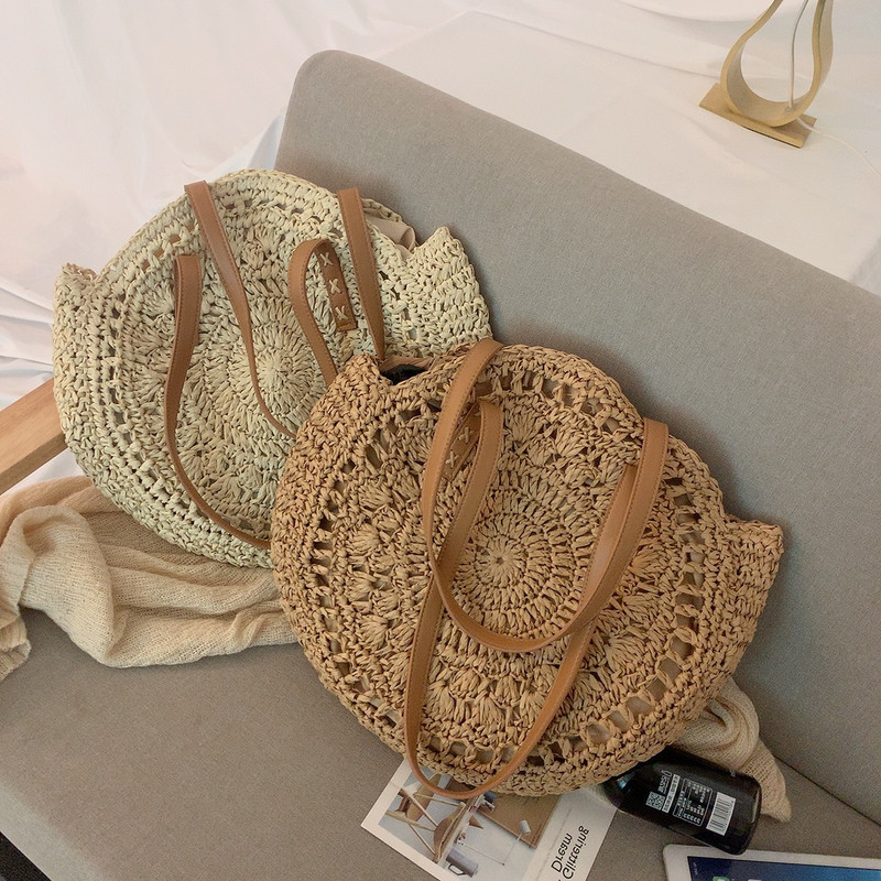 Crochet Hollow-Out Large-Capacity Round Straw Bag Shoulder Bag Casual Travel Vacation Tote Bag Beach Bag Vacation Style