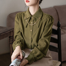 秋冬季磨毛加厚女士灯芯绒衬衣设计感高级感百搭链条加绒长袖衬衫