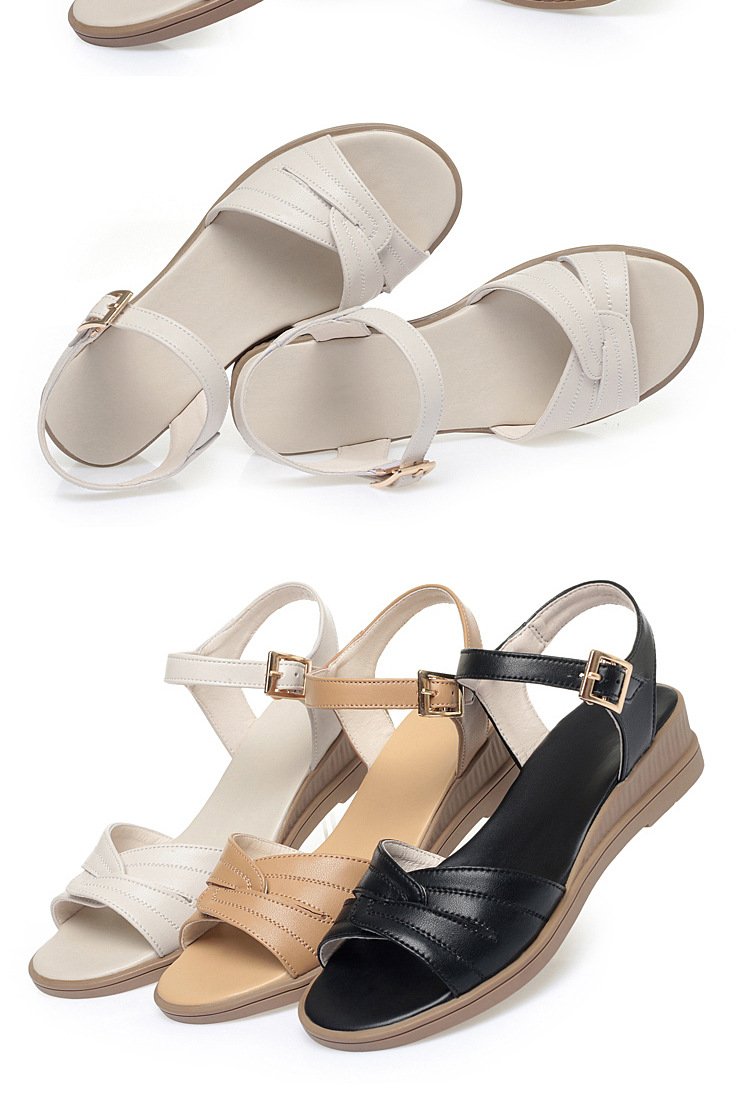 Sandal da bò đế bằng cho nữ trung niên, đế mềm chống trơn mùa hè — Màu be chi tiết 19