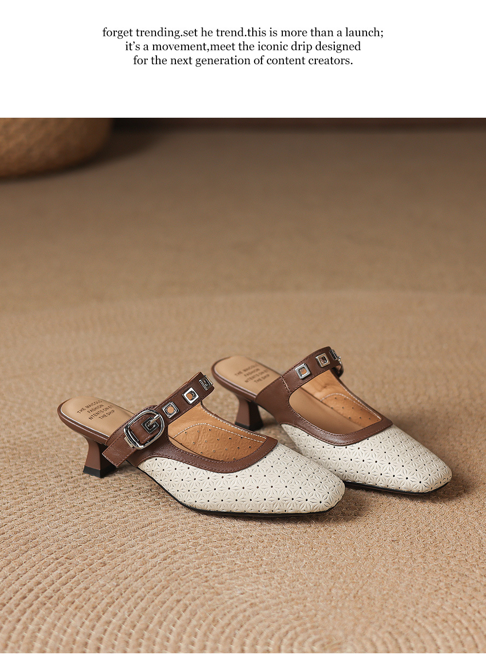 Sandal nữ quai ngang mũi vuông gót 5 cm phối màu — màu trắng ngà chi tiết 20