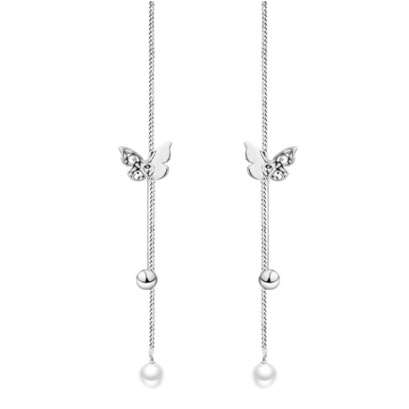 925 plata esterlina modificada cara oreja de plata esterlina línea chica mariposa borla perla pendientes temperamento pendientes largos