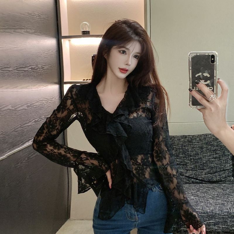 French Style V Neck Ruffled Cut Out Lace Shirt for Women Spring New Design Versatile Trumpet Long-Sleeved T-Shirt