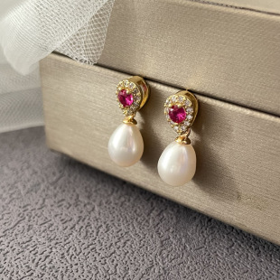 Natural Freshwater Pearl Earrings Light Luxury Fashion Red Zircon Simple Elegant Earrings Drop Pearl Earrings