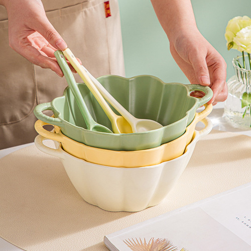 Double-ear ceramic soup bowl household dishes large tableware simple cream style ins style light food salad bowl plate