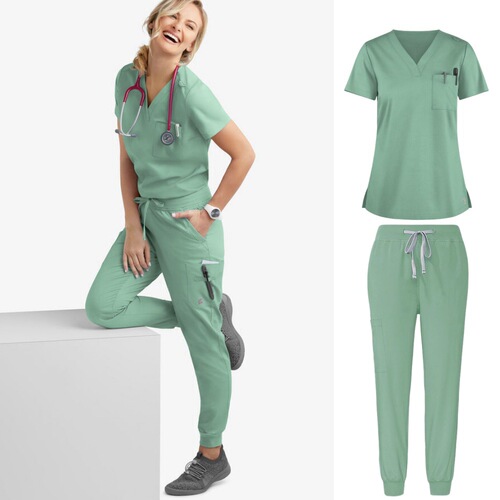 Exported one-piece scrub suit with short sleeves—women’s scrub tops for pet grooming, veterinary doctors, and healthcare workers—medical and nursing attire.