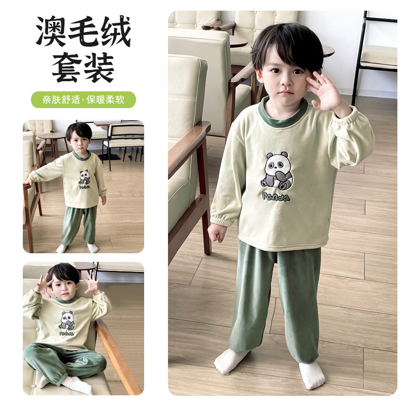 Australian Plush Crewneck suit Autumn and Winter Warm Skin-friendly Soft Boys' and Girls' Clothes Pants Pajamas Baby Home Clothes