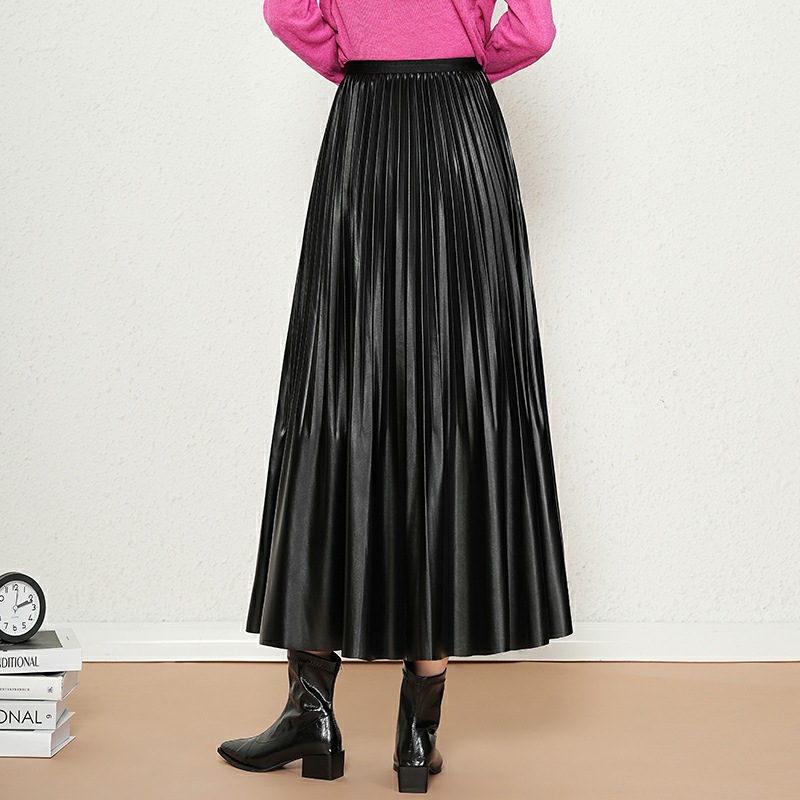 高端松紧腰皮裙女秋冬新款中长款高腰半身裙艺术感真皮百褶长裙子
