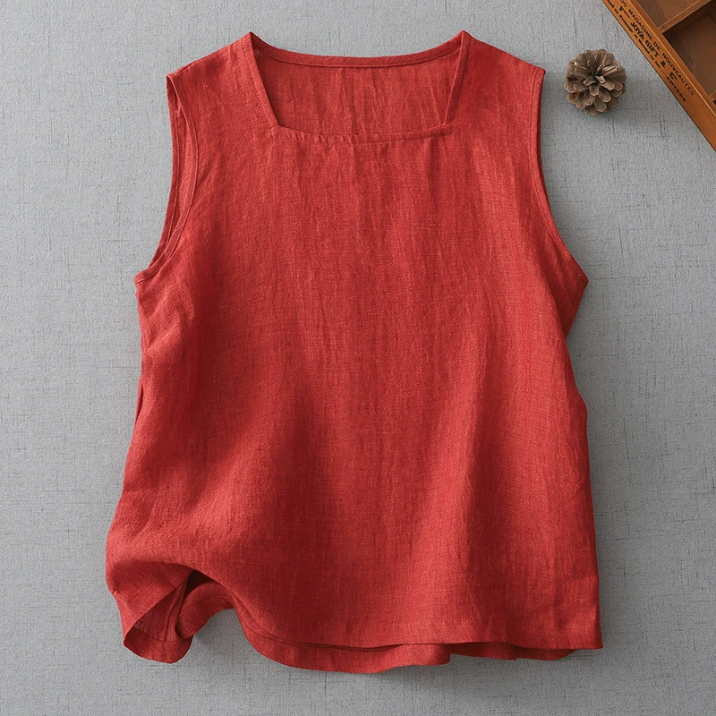 Цветной трикотажный хлопок и конопля помидор красный белый квадратный воротник жилет женский короткий без рукавов летом 2025 года