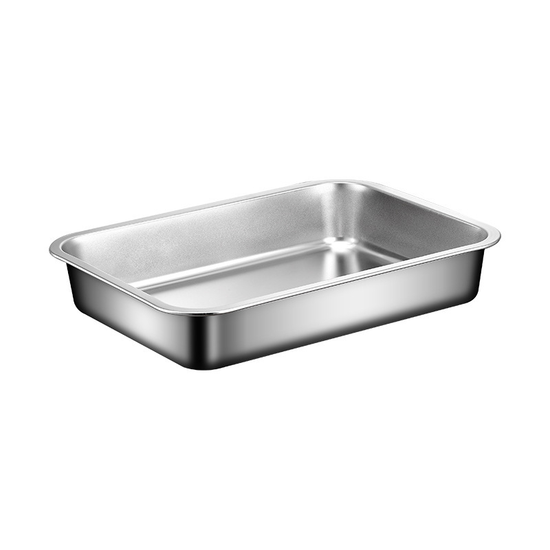 Cuenca de acero inoxidable cuadrado con cubierta de fondo plano para profundizar el plato de arroz al vapor plato de pescado plato de barbacoa comercial al por mayor plata de drenaje