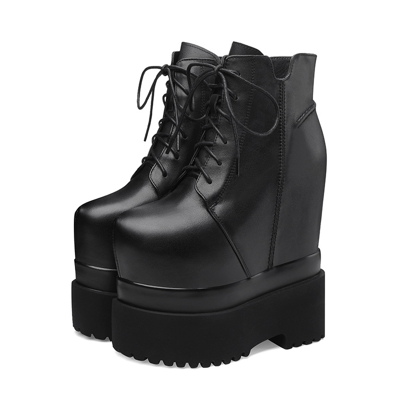 Boot nữ dây buộc đế dày chống thấm, gót trong 18 cm tăng chiều cao — Màu đen lót nhung