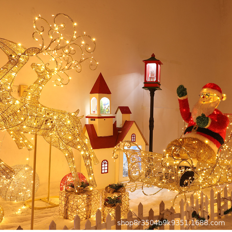 Navidad hierro ciervos carro Navidad interior escena diseño vuelo ciervos Santa Claus luminoso ambiente de vacaciones al por mayor