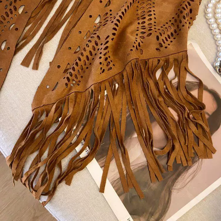 Xinjiang Travel Hollow Western Vest Style Women's Thin Tassel Retro Suede Wandering Cowboy