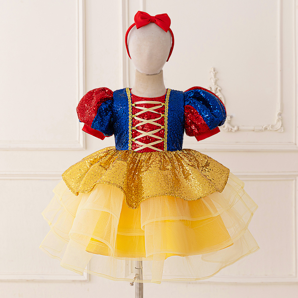 2025 nueva chica con lentejuelas vestido de Blancanieves manga abullonada vestido de niños vestido de princesa vestido de tutú