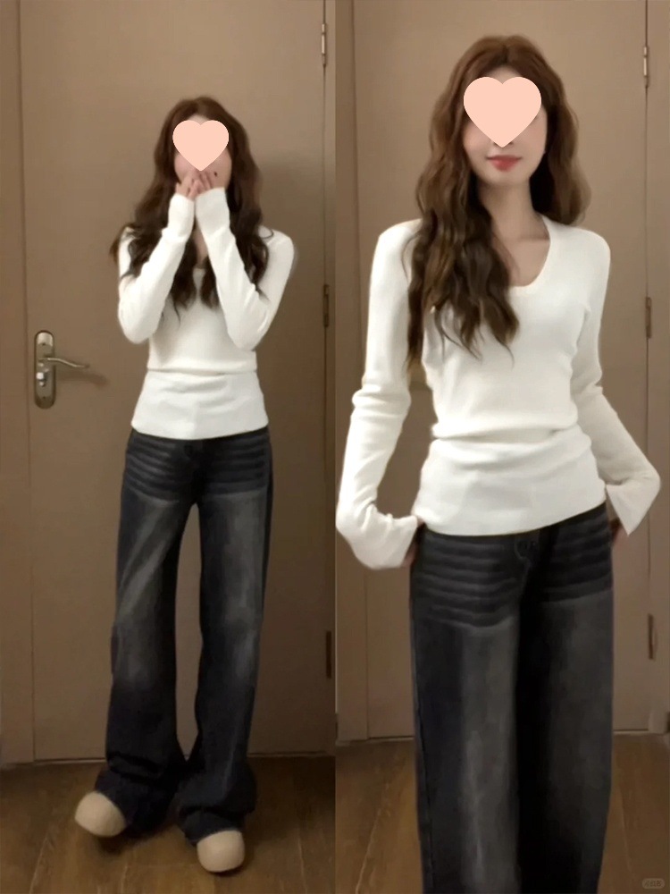 白色内搭长袖打底衫女2025新款秋冬修身正肩上衣秋季初秋穿搭女装