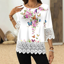 2025秋季新款亚马逊欧美跨境女装蕾丝印花中袖t恤上衣女