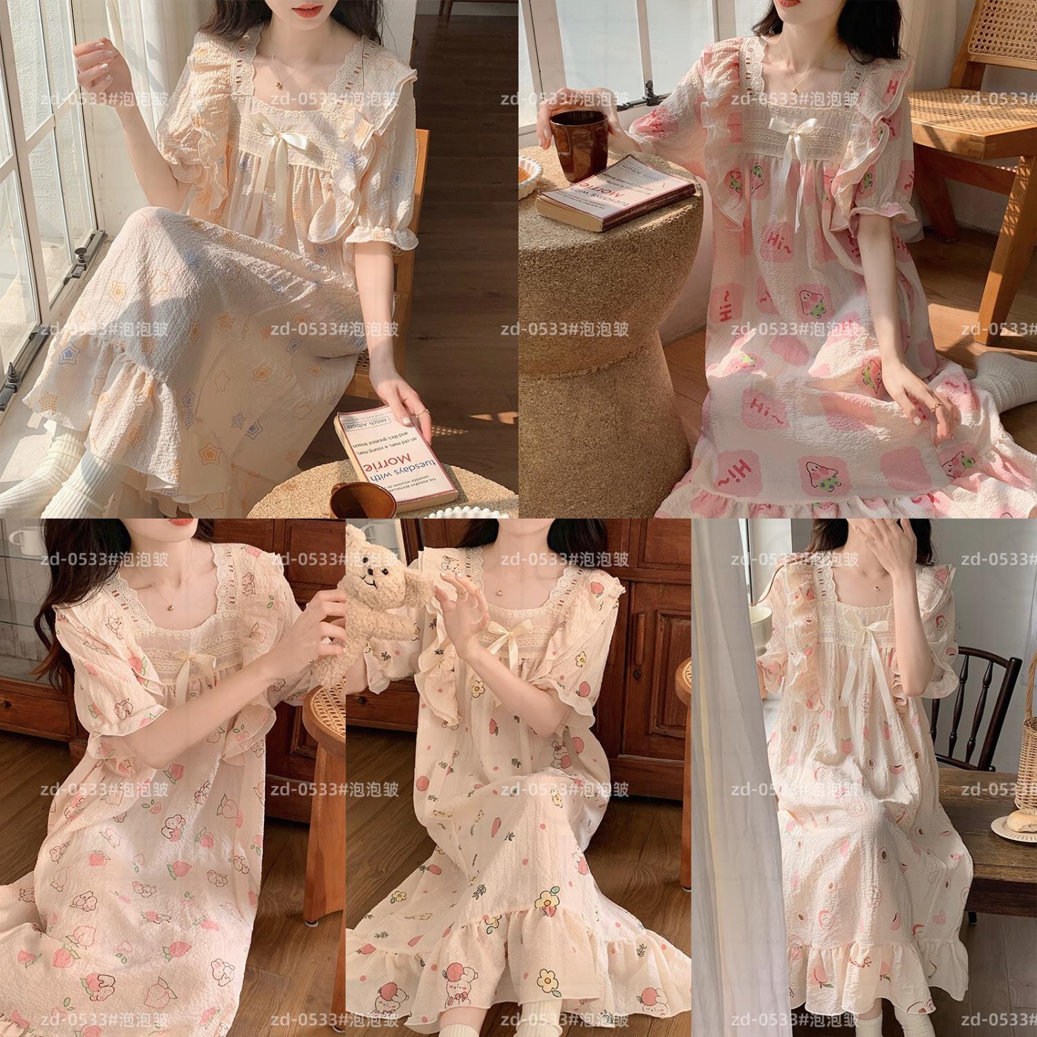 Pijama de mujer de verano tejido espuma tejida tela arrugada pijama de mangas cortas princesa vestido de viento suelto vestido de casa de verano