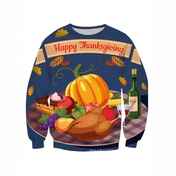 3D Printed Pumpkin Turkey Sweatshirt for Men, Thanksgiving Pattern Hoodie, Spring and Autumn Street Style Long-Sleeve Crew Neck Set