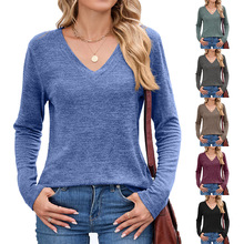 亚马逊速卖通2025欧美跨境秋冬新款V领宽松长袖休闲T恤上衣女现货