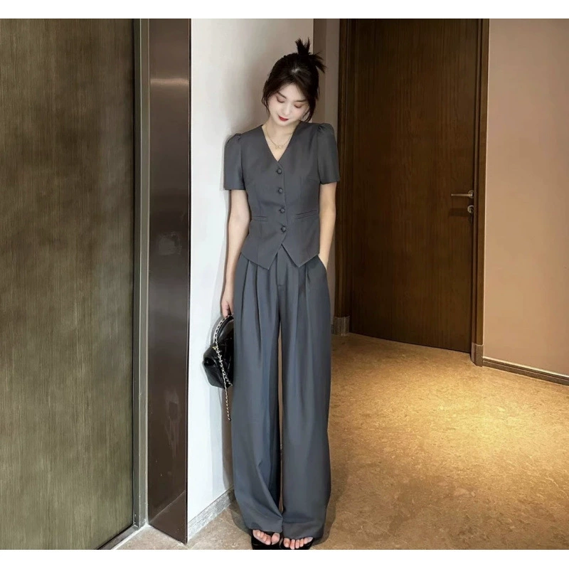 Твидовый стиль профессиональный костюм 2025 новый универсальный утягивающий топ с короткими рукавами и широкие брюки комплект из двух предметов