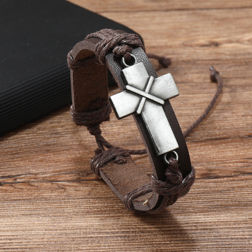Men's Gender Retro Geometric Pu Leather Alloy Knitting Men's Bangle Men Cord & Leather Bracelets