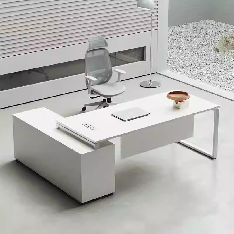 Modern Executive Desk Business Manager White Single Desk with Side Cabinet Office Computer Desk and Chair Set Solid Wood