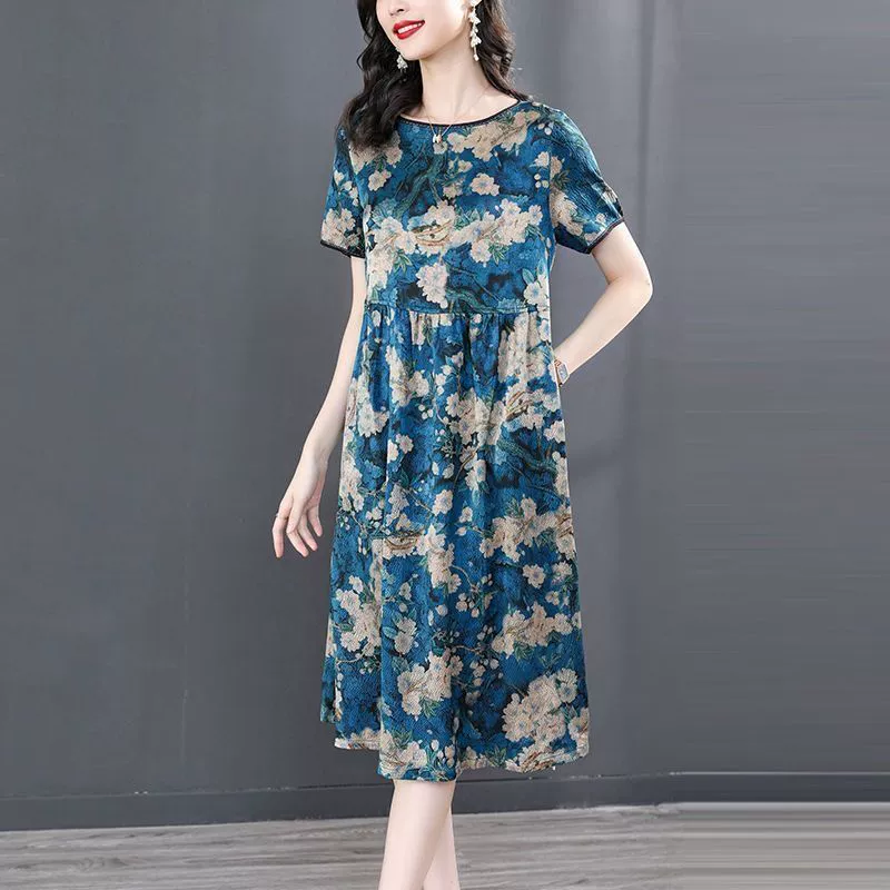 Оптовая продажа летних платьев больших размеров для женщин среднего возраста, новые модели, кросс-бордер, премиум-класса, с принтом, омолаживающие