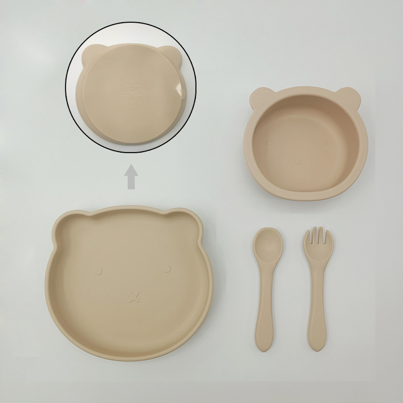 Bebé de alimentación placa cuchara Tenedor traje grado alimenticio silicona Integrado placa niños dibujos animados oso vajilla materna y infantil