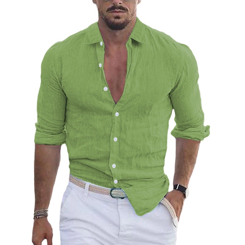 Cross Border 2023 New Men's Summer Cotton Linen Lapel Beach Shirt Long Sleeve Solid Color Hawaiian Holiday Clothing