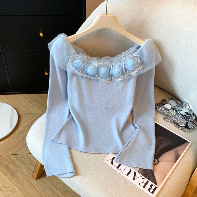 Gentle Style Stereo Flower One-Shoulder Long-Sleeved T-Shirt for Women, High-End, Chic, Romantic, Slimming Look Knitted Top Gentle Style Stereo Flower One-Shoulder Long-Sleeved T-Shirt for Women, High-End, Chic, Romantic, Slimming Look Knitted Top