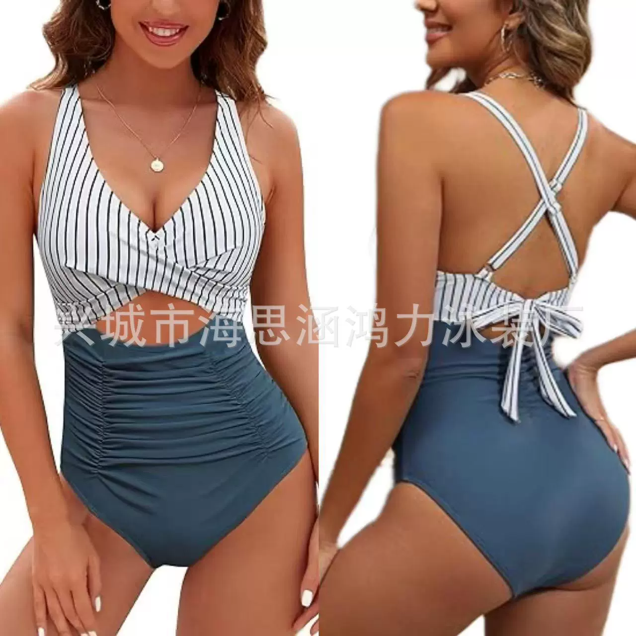 速卖通亚马逊欧美爆款多色大码连体交叉包褶皱聚拢显瘦泳衣女士