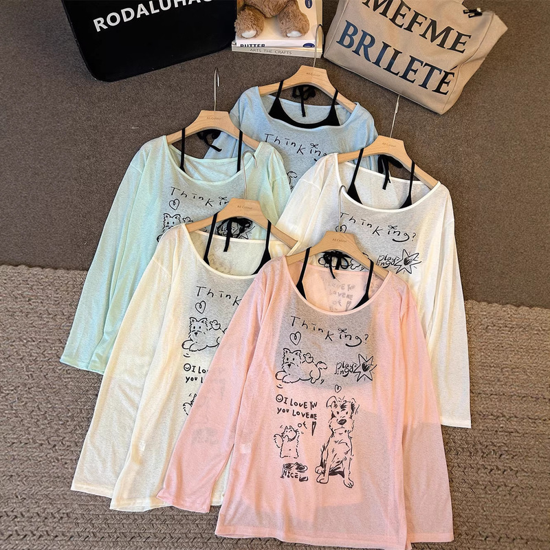 8206 # Summer New Style Casual Loose Versatile Round Neck Letter Graffiti Print Puppy Sun Protection Shirt for Women to Wear Outside
