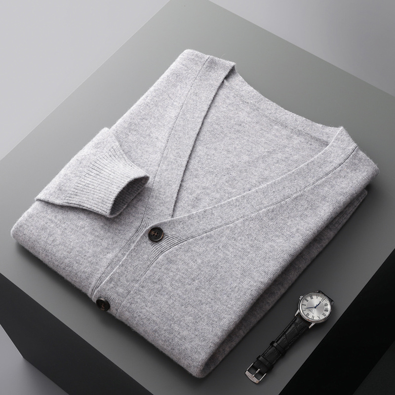 Spring and Autumn New Wool Cardigan Men's V Neck Thin Knitted Sweater Jacket Loose Long Sleeve Cashmere Sweater Youth Large Size