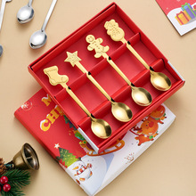 跨境不锈钢圣诞勺子创意咖啡节日餐具礼盒可爱套装卡通姜饼人勺
