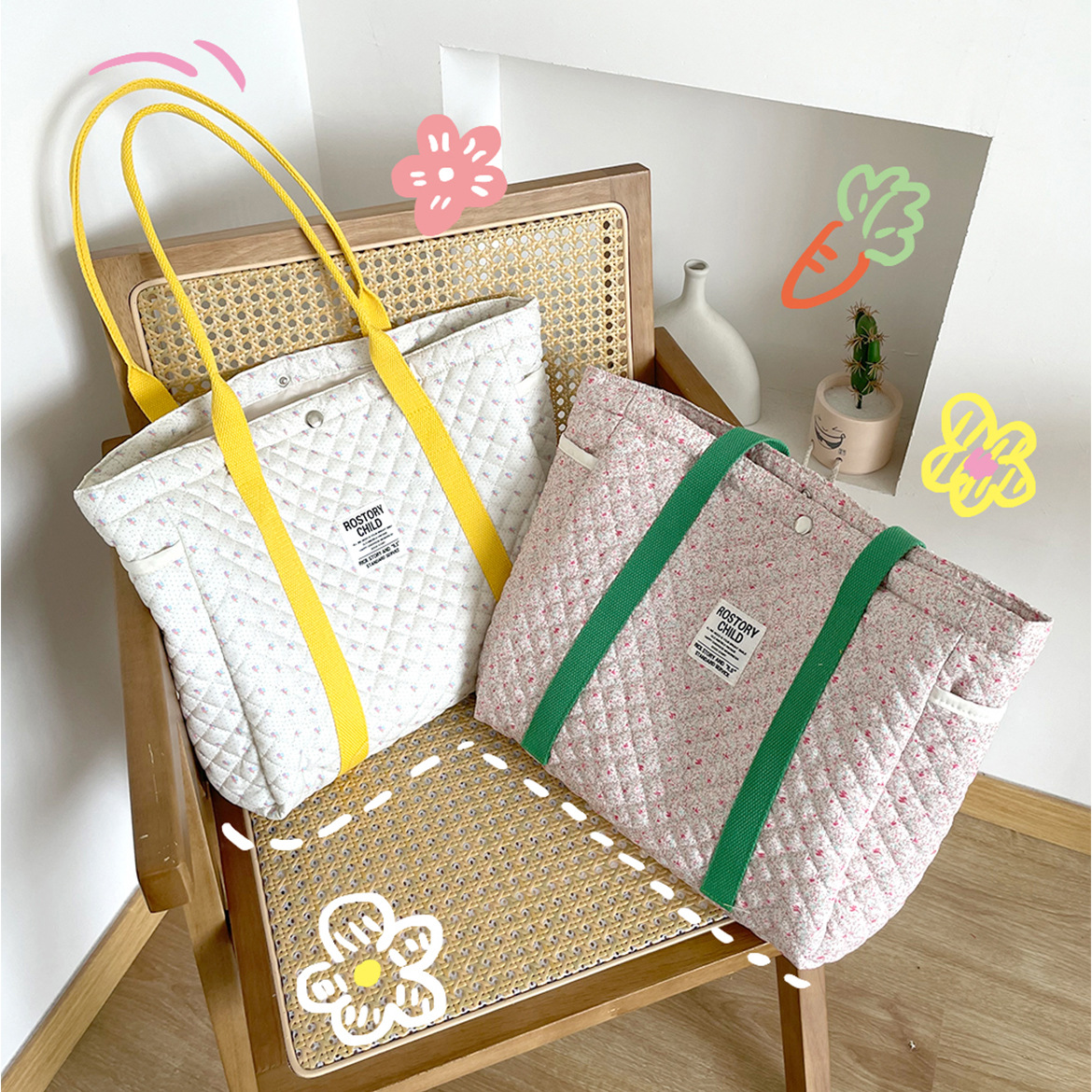 Bolso de la momia portátil de gran capacidad bolso de confinamiento de la madre y el bebé glutinoso suave bolso de hombro ligero estilo coreano ins bolso floral acolchado