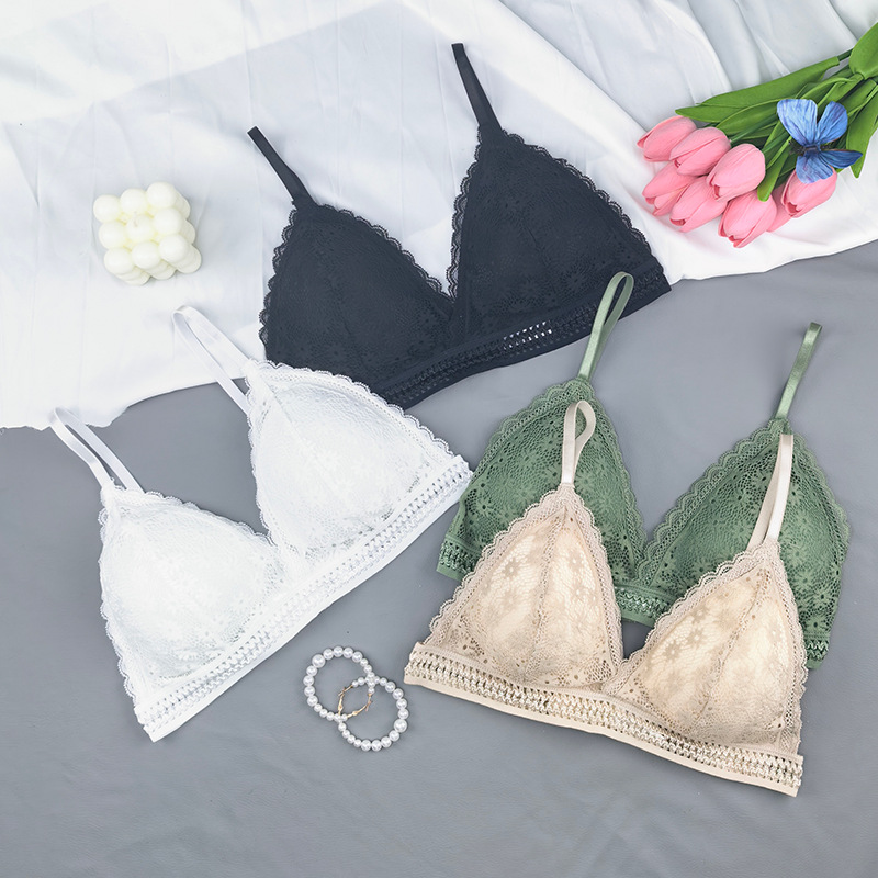 Bralette sin anillo de acero delgado gran pecho pequeño encaje triángulo bra sexy ropa interior francesa para mujeres