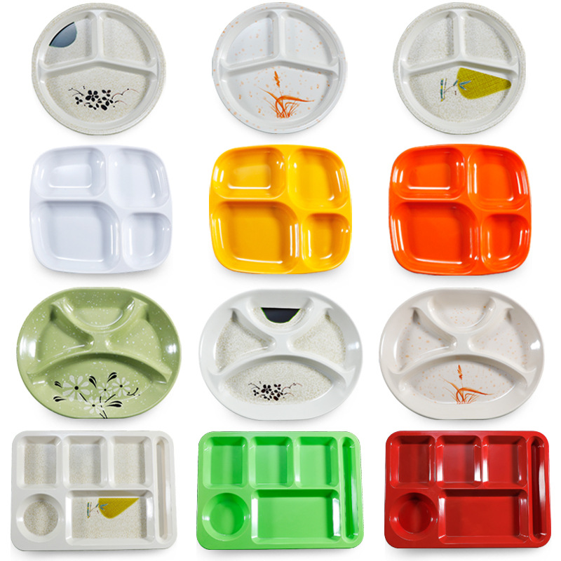 멜라민 상업 4 그리드 6 그리드 분리 된 패스트 푸드 플레이트 모방 도자기 학교 공장 매점 칸막이 식당 세트 식기