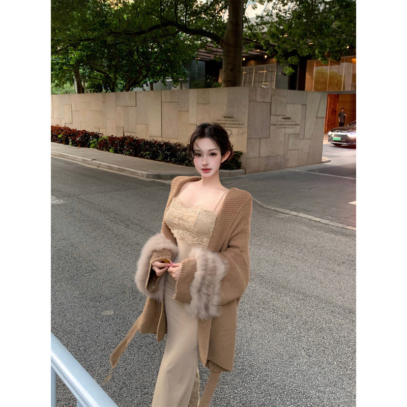 纯欲复古上衣小众休闲宽松垂感针织开衫外套+吊带长裙两件套女|undefined