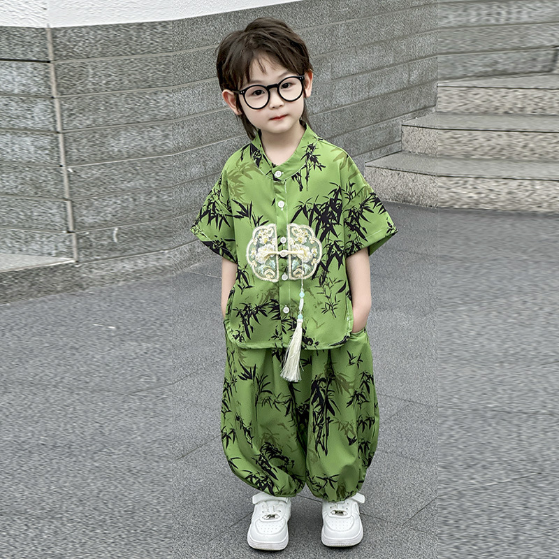 新しい子供の中国風スーツ夏の男の子の唐スーツ漢服半袖9点パンツ古代スタイルの新しい中国風の2点セット|undefined