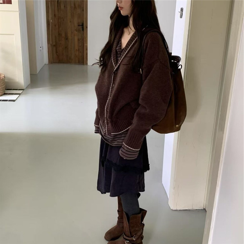 Coreano de cuello en v espalda caricatura gatos jacquard cardigan de punto mujeres 2025 otoño y invierno nuevo suéter suelto abrigo de moda image 5