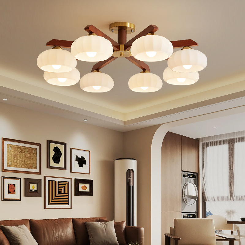 Lámpara de sala de estar de estilo medio, luz principal, nogal negro retro, madera maciza, nuevo dormitorio atmosférico chino, sala de comedor, lámpara de techo