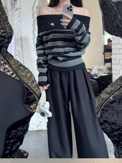 条纹一字肩露肩针织长袖女装2025秋季新款设计感纯欲风裤子两件套|undefined