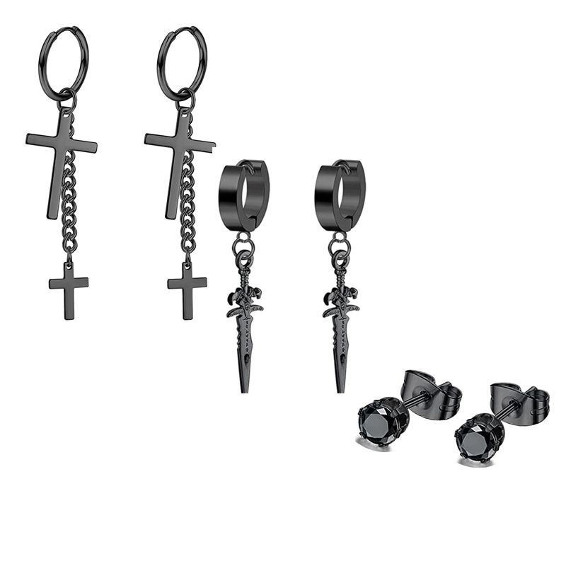 Black Men's Ear Clip Ear Stud Earrings Set 3 Pair Stainless Steel Fashion Jewelry detail image 10