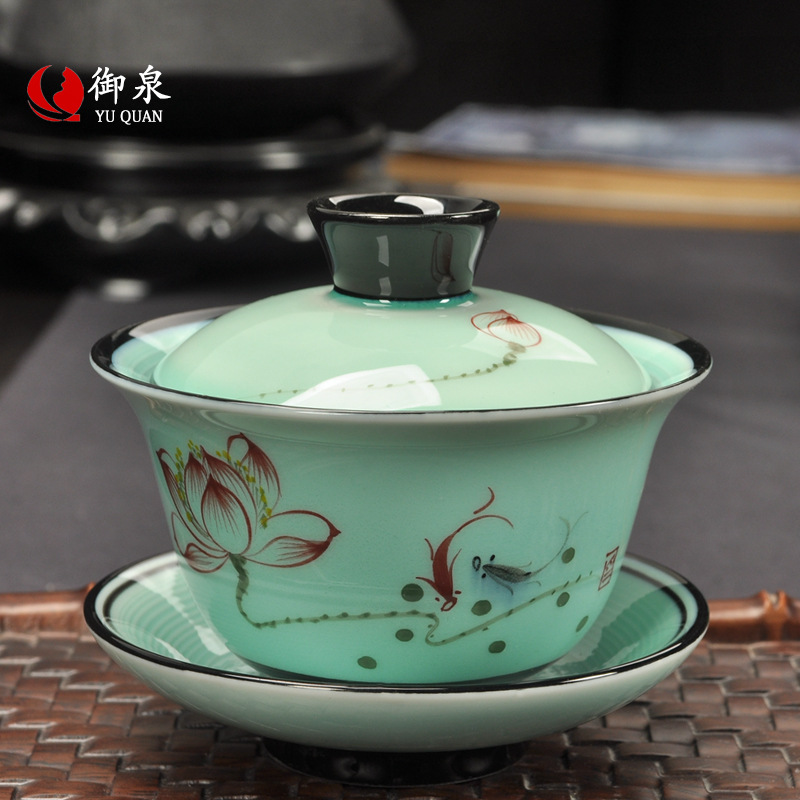 手绘三才盖碗大号陶瓷功夫茶具单个茶碗泡茶器家用泡茶定制LOGO|ru