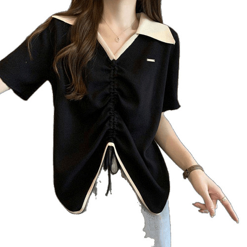 Plus size women's niche design drawstring short-sleeved T-shirt women's summer irregular belly-covering slimming top trendy