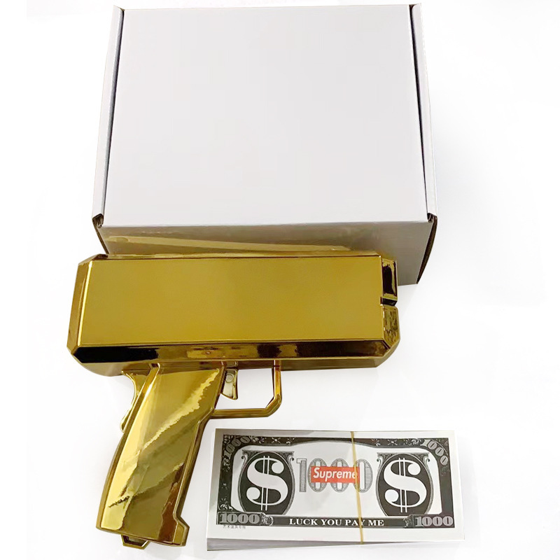 Venta de oro caliente MoneyGun pistolas de pulverización de dinero, pistolas de pulverización de dinero, juguetes, pistolas de billetes, pistolas de juguete