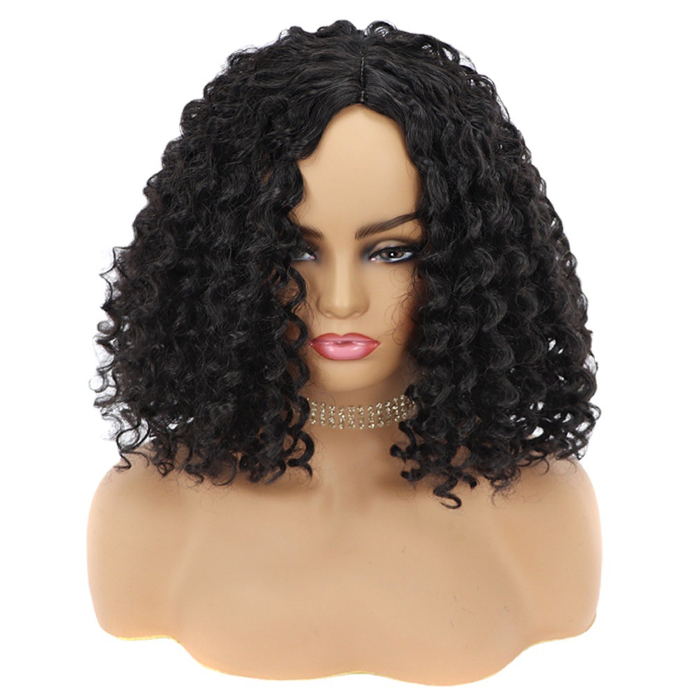 Synthetic wig Short style synthetic fiber with screws small black wig headband center split curled headband_voghion.com