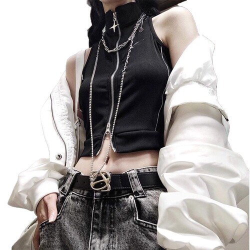 European and American cross-border dark spring and summer personality retro American stand-collar zipper all-match solid color slim short vest women's clothing