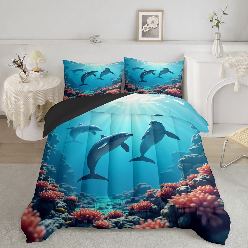 TEMU / JIT transfronterizo animal marino pequeño delfín tortuga impresión digital 3D 180gms colcha almohada set
