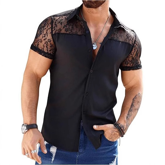 2025 New Summer Men's Lace Splicing Short-Sleeved Shirt Slim Fashion Shirt